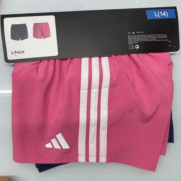 Adidas YOUTH 2 PACK SHORT- Navy Pink available Sizes: M (10/12), L (14) - Picture 13 of 14